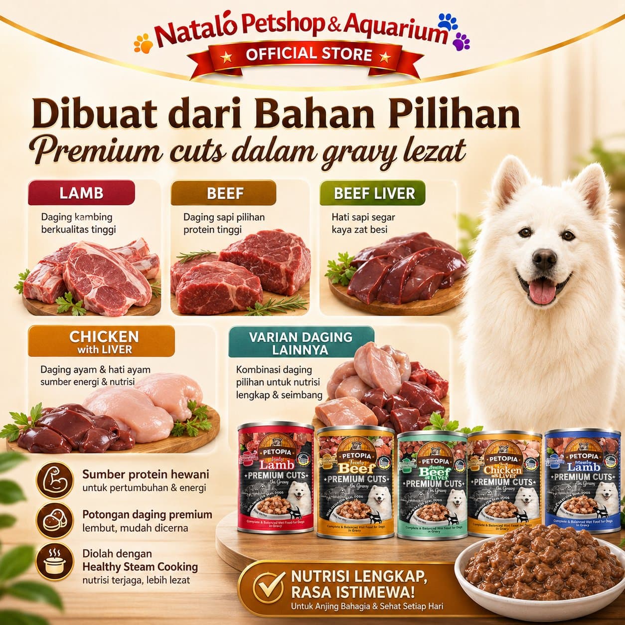 Petopia Premium Cuts in Gravy Dog Wet Food 415GR -  Makanan Basah Kaleng Anjing 415 GR - gambar 4