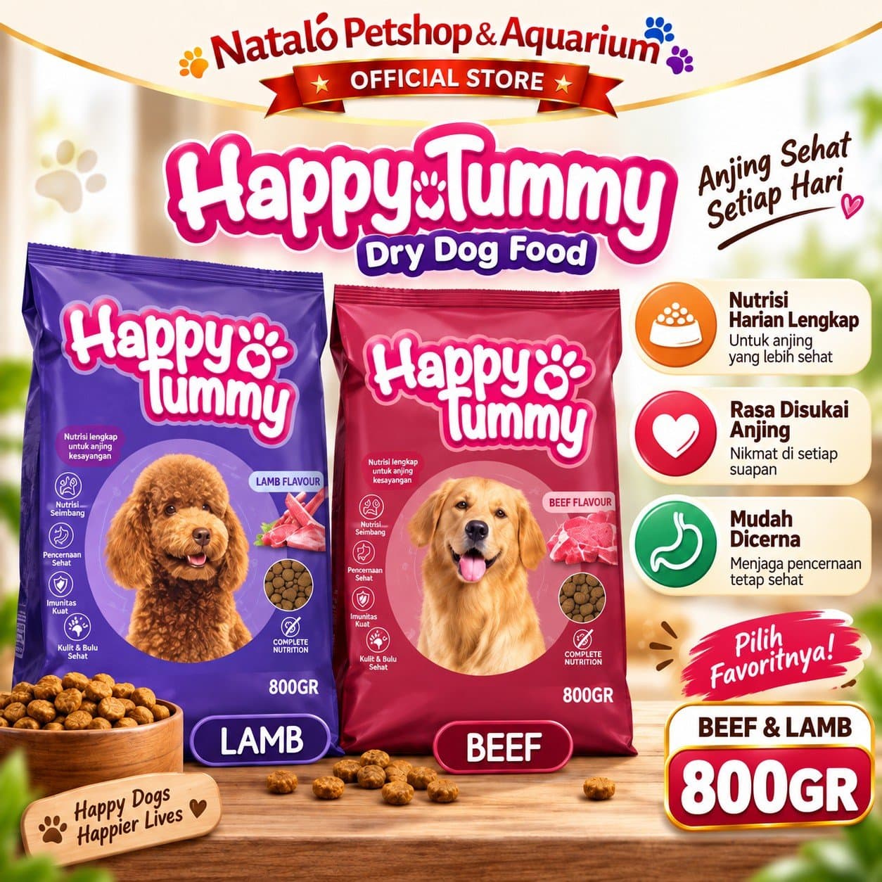 Happy Tummy Dry Adult Dog Food Beef / Lamb 800GR - Makanan Kering Anjing Dewasa 800 GR