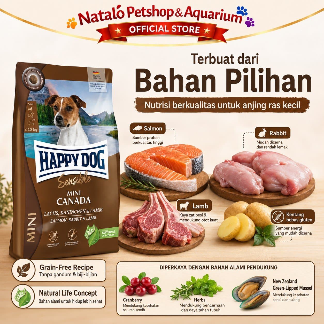 Happy Dog Sensible Mini Canada 4KG Salmon Rabbit Lamb / Grain Free - Makanan Anjing Dewasa Ras Kecil Super Premium 4 KG - gambar 4