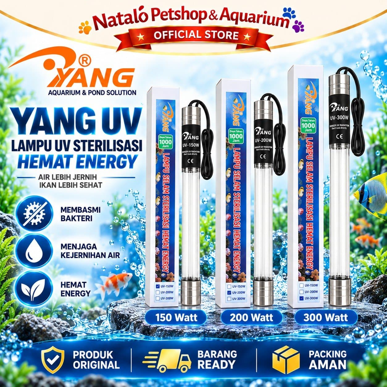 YANG Lampu UV High Watt Sterilizer Celup Kolam Koi Aquarium 150 Watt 200 Watt 300 Watt Ultraviolet Sterilisasi Air Anti Alga Air Hijau Filter Kolam Ikan - gambar 1