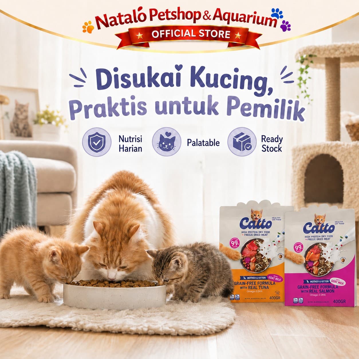Catto High Protein Dry Mother & Kitten Cat Food + Freeze Dried Meat Grain Free Formula 400GR - Makanan Kering Anak dan Ibu Kucing Premium 400 GRAM - gambar 6