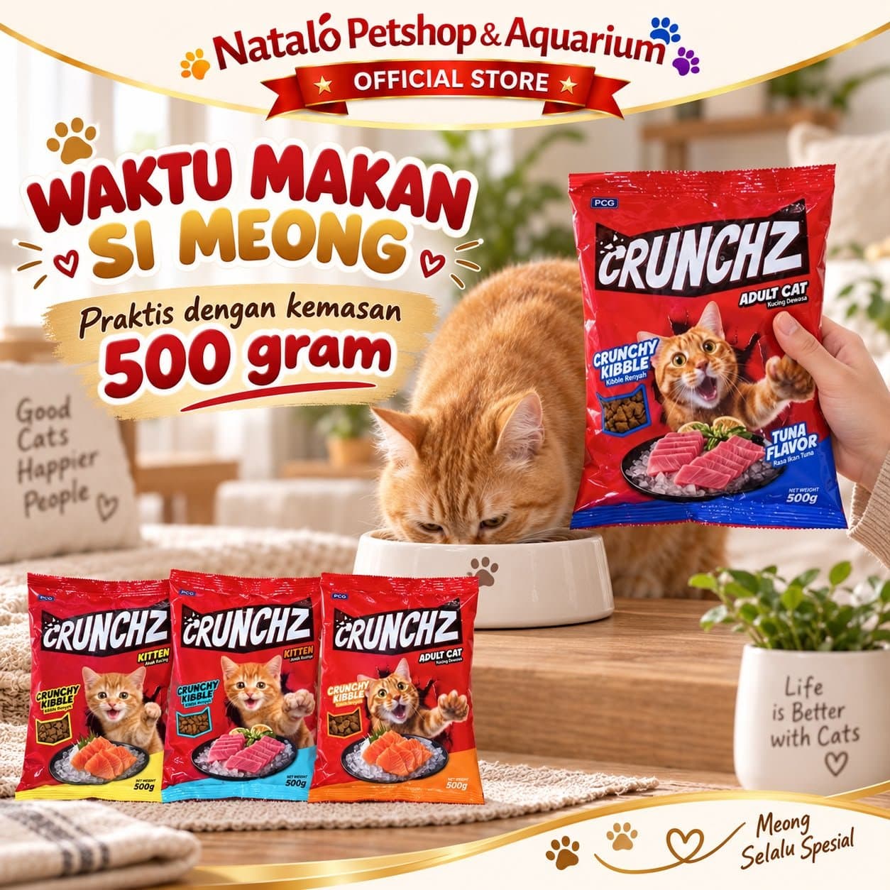 CRUNCHZ 500GR Dry Adult & Kitten Cat Food 500 GR Makananan Kucing Kering Dewasa Anak Murah Salmon Tuna Crunch Kibble Pelet Pakan Stray - gambar 5