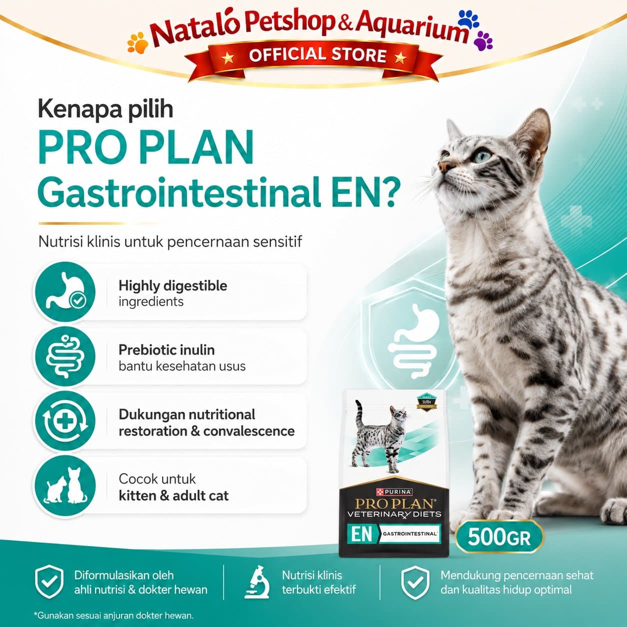Pro Plan Gastrointestinal 500 GR - Makanan Kucing Dewasa PROPLAN untuk Pencernaan Mencret Diare Freshpack 500GR / Gastro Intestinal Cat - Veterinary Diets Dry Food - gambar 2