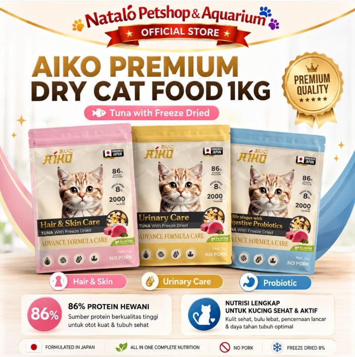 Aiko Premium Cat Food 1KG Tuna with Freeze Dried All Life Stages 1 KG Hair Skin / Urinary / Digestive - Makanan Kucing Kering Segala Usia Bulu Kulit Masalah Kantung Kemih Pencernaan Dry Food - gambar 1