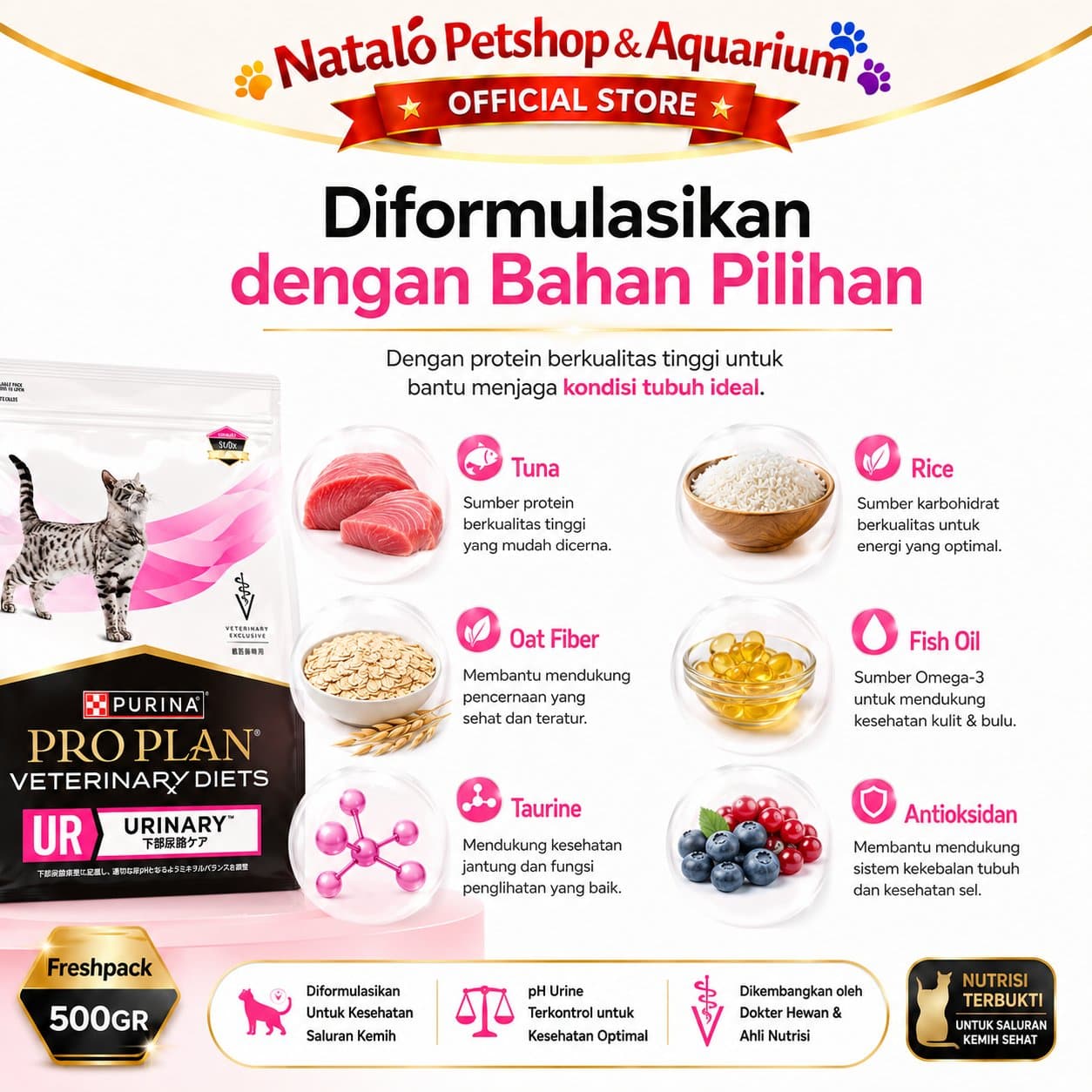 Pro Plan Veterinary Diets Urinary S/O UR 500 GR Adult Cat Food - Makanan Kucing Dewasa PROPLAN untuk Pengobatan Saluran Kencing Kemih FLUTD Freshpack 500GR - gambar 4
