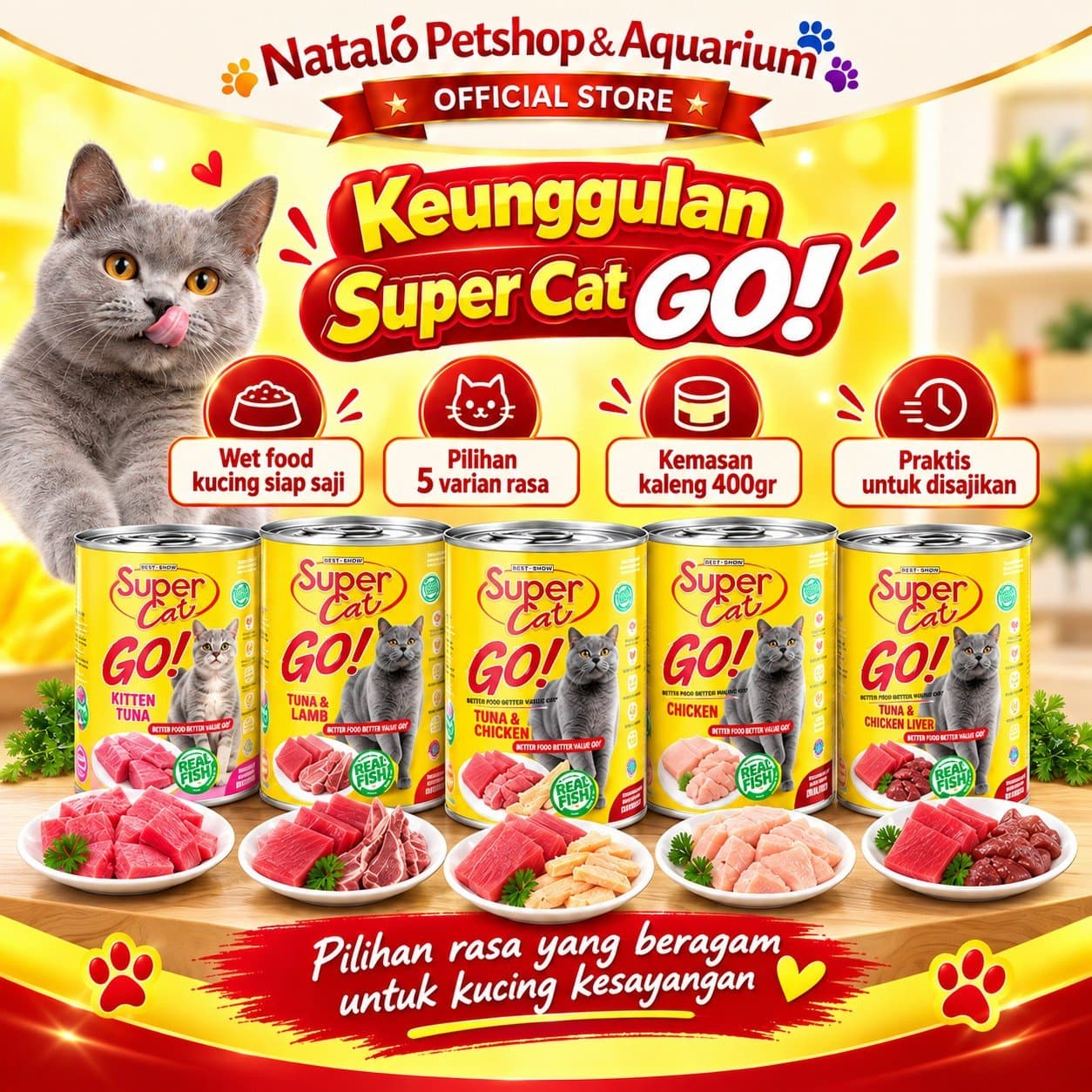 Super Cat GO! Kitten & Adult Wet Cat Food 1 DUS isi (24pcs x400gr) - Makanan Basah Kaleng Supercat GO Anak & Kucing Dewasa - gambar 2
