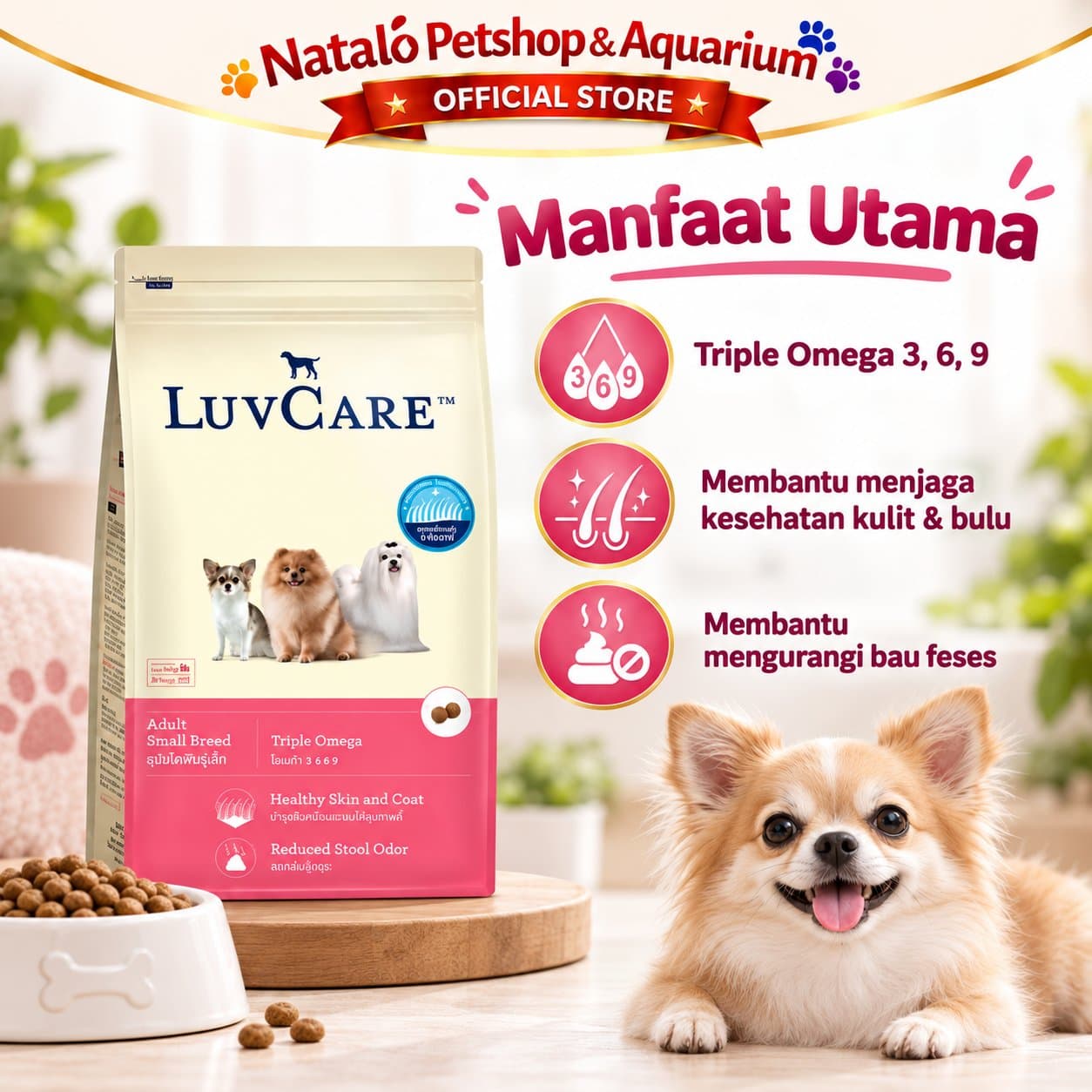 Luv Care Adult Small Breed Triple Omega 2KG Dry Dog Food - Makanan Anjing Dewasa 2 KG - gambar 2