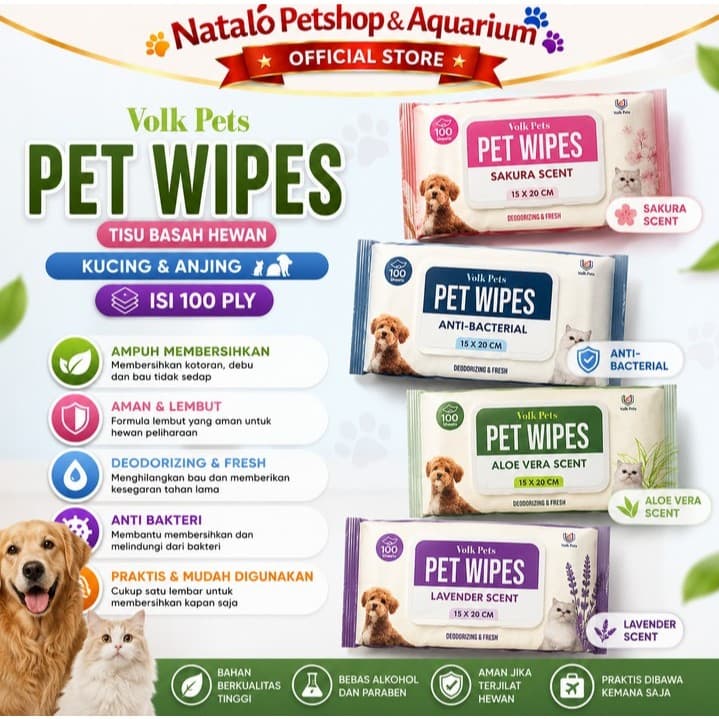 VOLK PET WIPES isi 100 Ply - Tissue Basah Hewan Kucing Anjing - isi 100 Lembar Tisu Pembersih Mulut Mata Badan