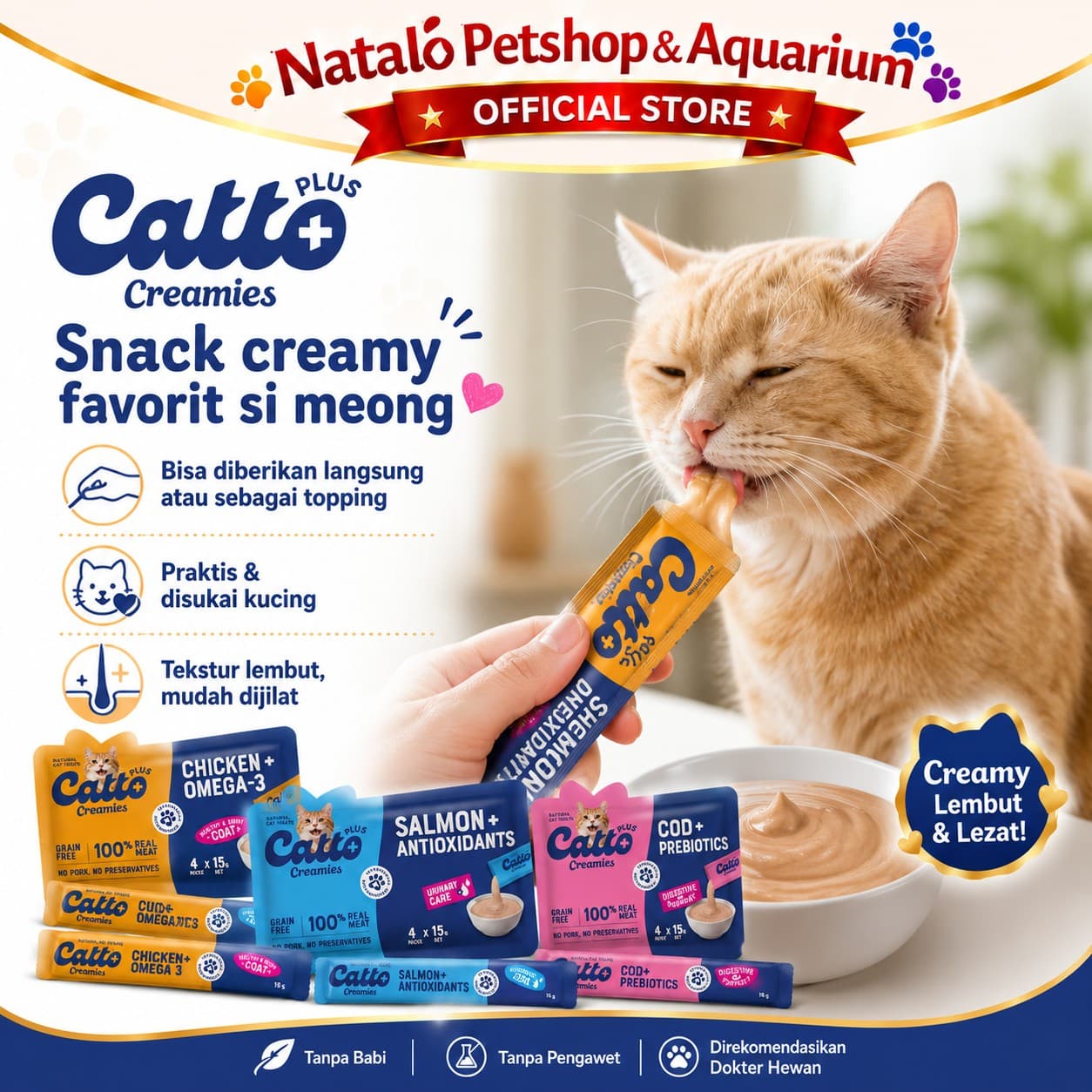 Catto Plus Creamies Chicken + Omega 3 / Salmon + Antioxidant / Cod + Prebiotics 4x15gr -Snack Camilan Kucing Premium - gambar 5