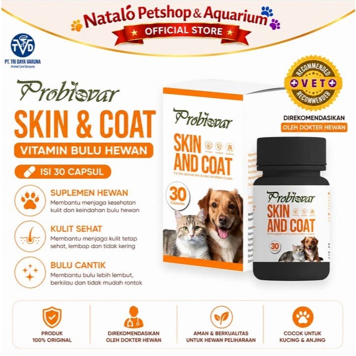 PROBIOVAR SKIN & COAT Capsul isi 30Pcs - Vitamin untuk Kulit dan Bulu Sehat Cantik Lembut Lebat Hewan Kucing Anjing / Cat Dog Supplement for Beautiful Hair / Fur - gambar 1