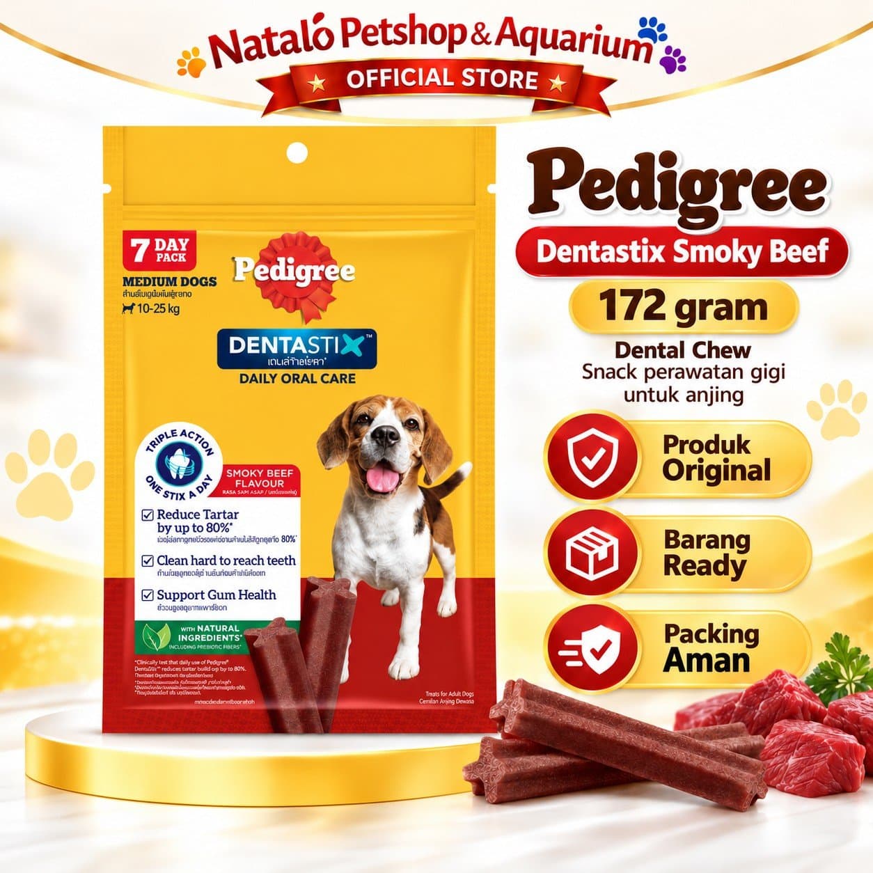 Pedigree Dentastix Smoky Beef Medium 172g Isi 7 Stik - Snack Anjing Dewasa 10-25kg Dental Stick Pembersih Gigi Rasa Sapi Asap Camilan Perawatan Gigi Harian - gambar 1