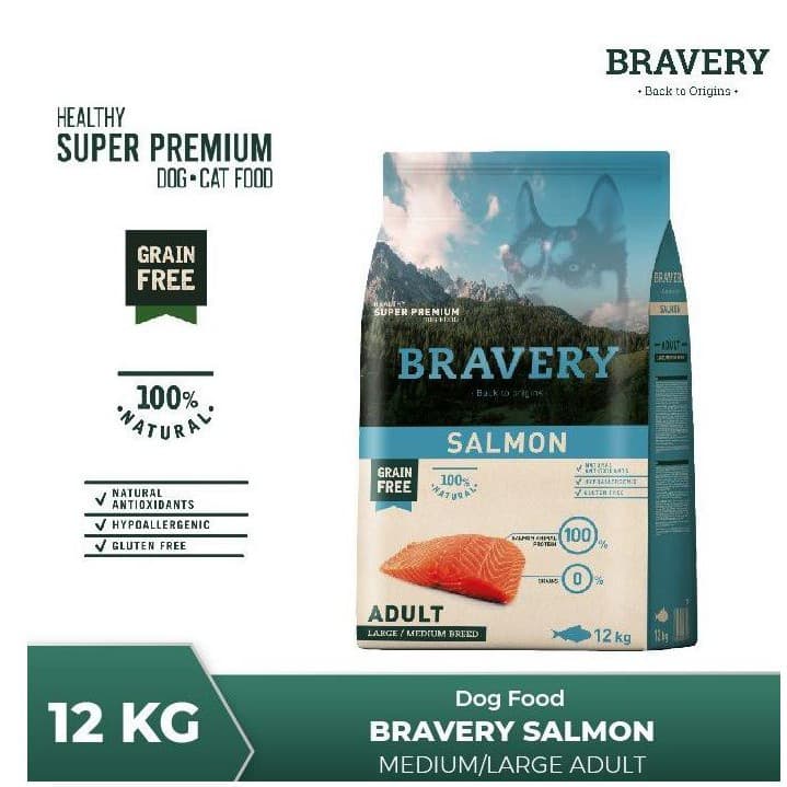 Bravery Medium/Large Adult Dog SALMON 12KG Makanan Anjing Pelet Food Super Premium - gambar 2