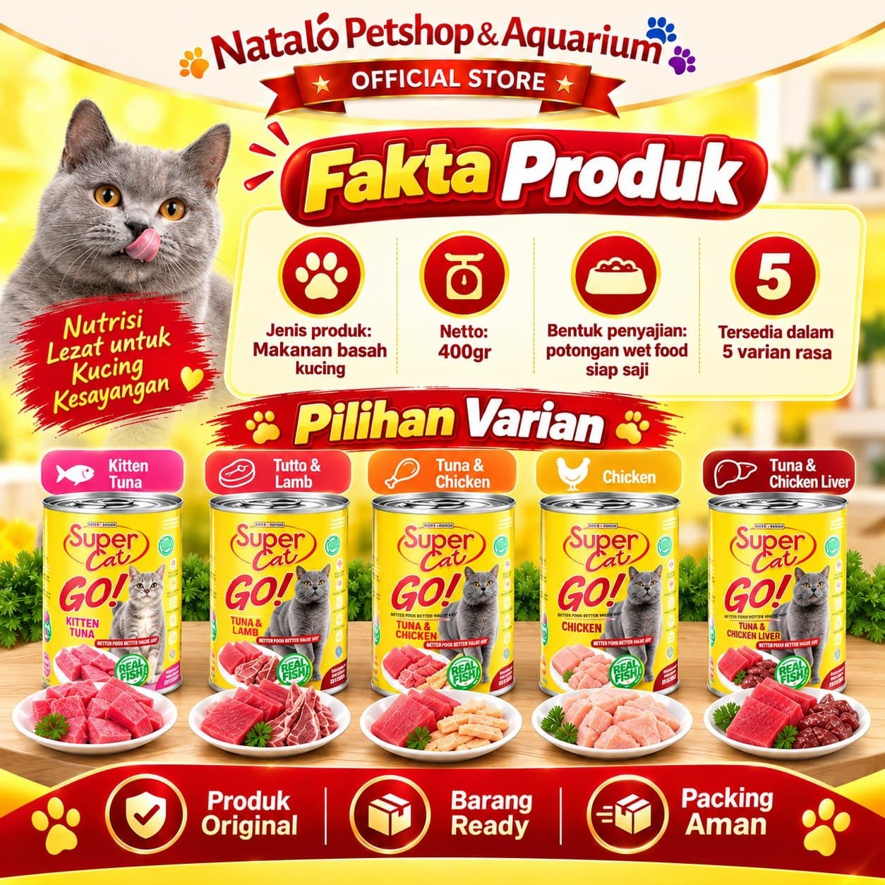 Super Cat GO! Kitten & Adult Wet Cat Food 1 DUS isi (24pcs x400gr) - Makanan Basah Kaleng Supercat GO Anak & Kucing Dewasa - gambar 4