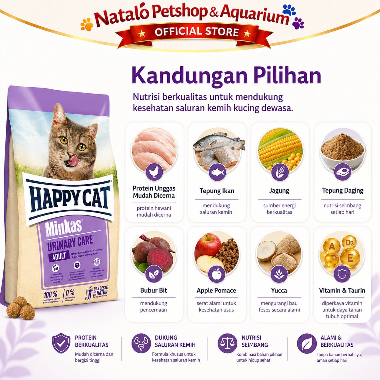 Happy Cat Minkas Urinary Care 1.5 KG - Makanan Kering Kucing Dewasa untuk Pencegahan FLUTD 1.5KG - gambar 4