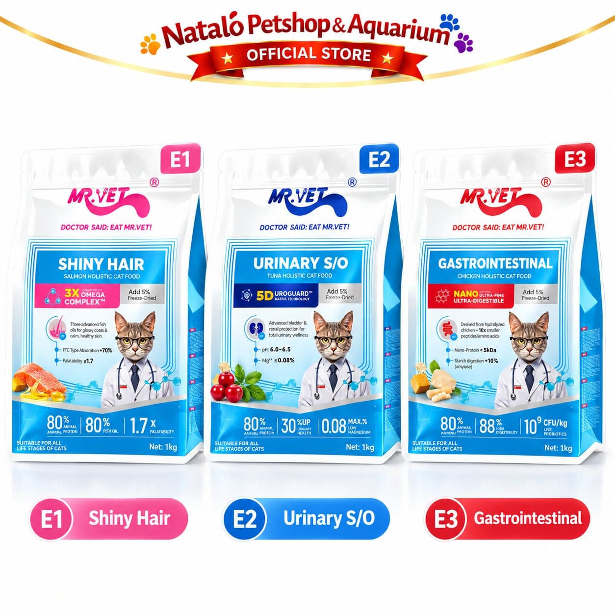 Mr. Vet E1 Shiny Hair / E2 Urinary S/O / E3 GASTROINTESTINAL 1KG Functional All Life Stages Holistic Dry Cat Food - Makanan Kucing Holistik Mr.Vet Semua Tahap Usia Fungsional 1 KG - gambar 6