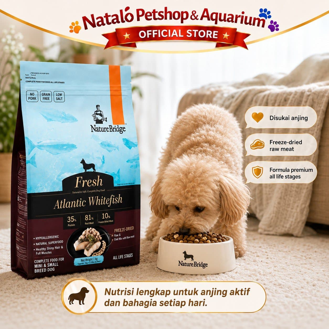 Nature Bridge Fresh Atlantic Whitefish with Freeze Dried 1KG All Life Stages Dog Food - Makanan Anjing Semua Umur Super Premium 1 KG - gambar 5