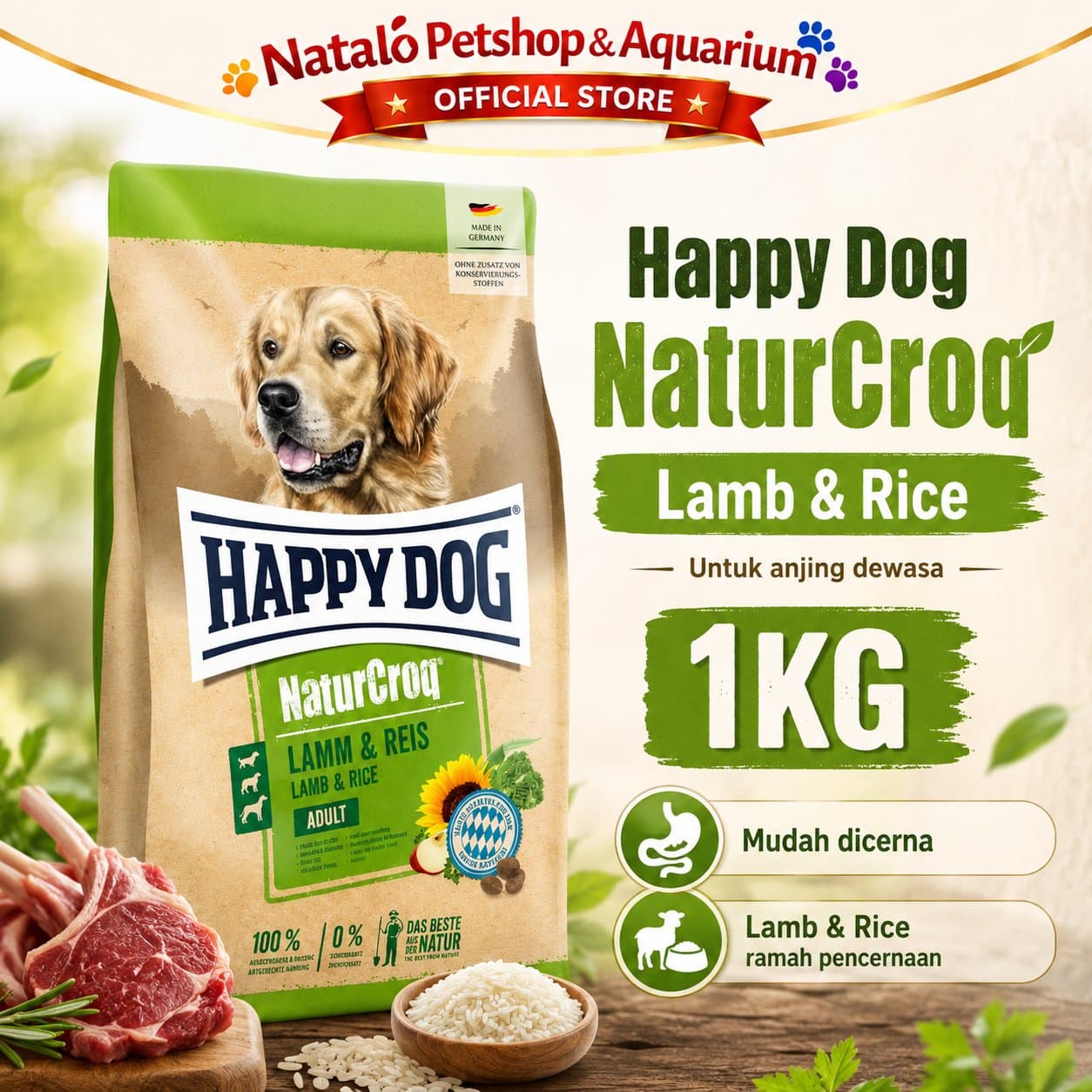 Happy Dog NaturCroq Lamb & Rice 1KG Adult Dog Food - Makanan Anjing Dewasa Ras Besar Rasa Domba Premium 1 KG - gambar 1