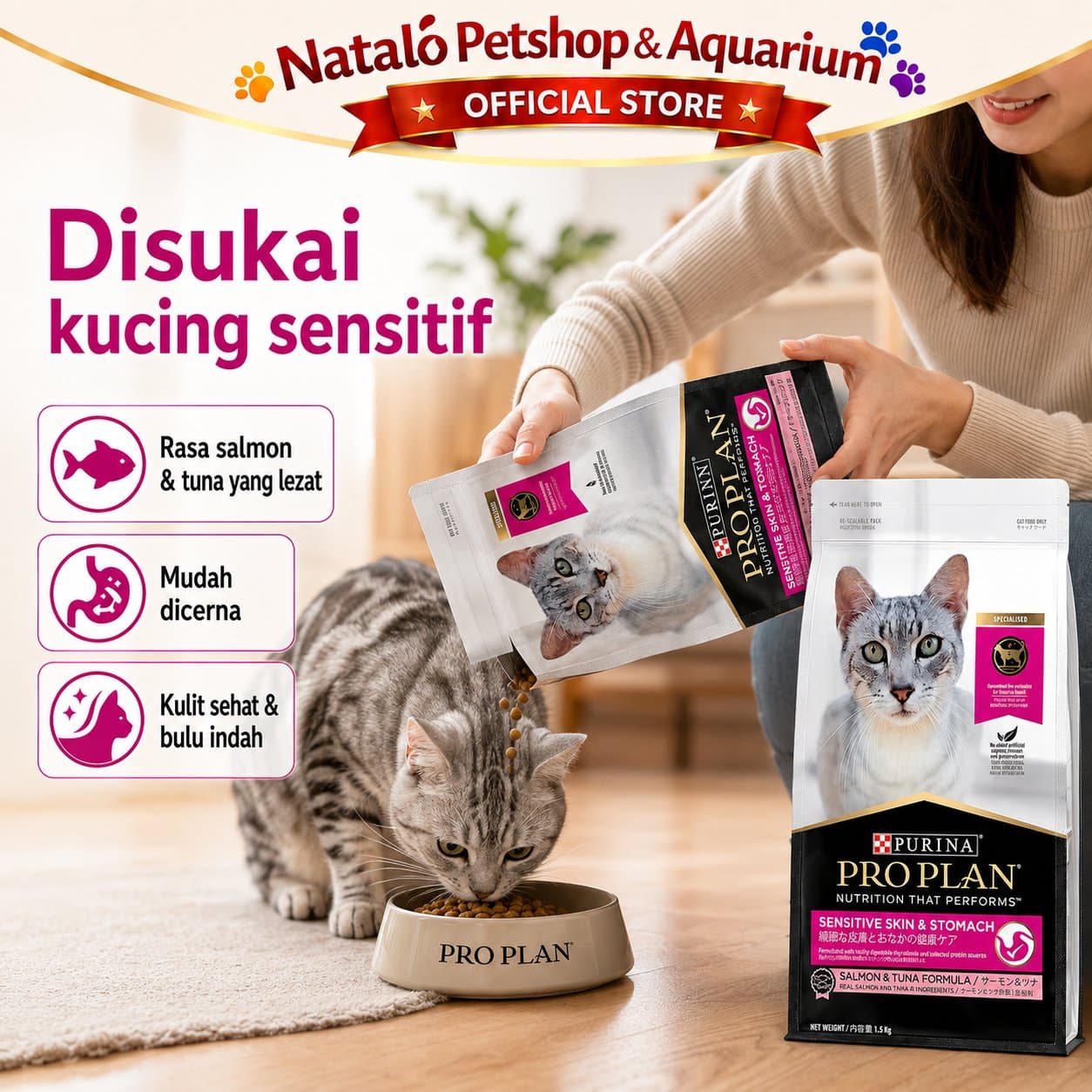 PRO PLAN Sensitive Skin & Stomach 1.5KG - Makanan Kucing Dewasa untuk Kulit dan Pencernaan Sensitif 1.5KG PROPLAN - gambar 5