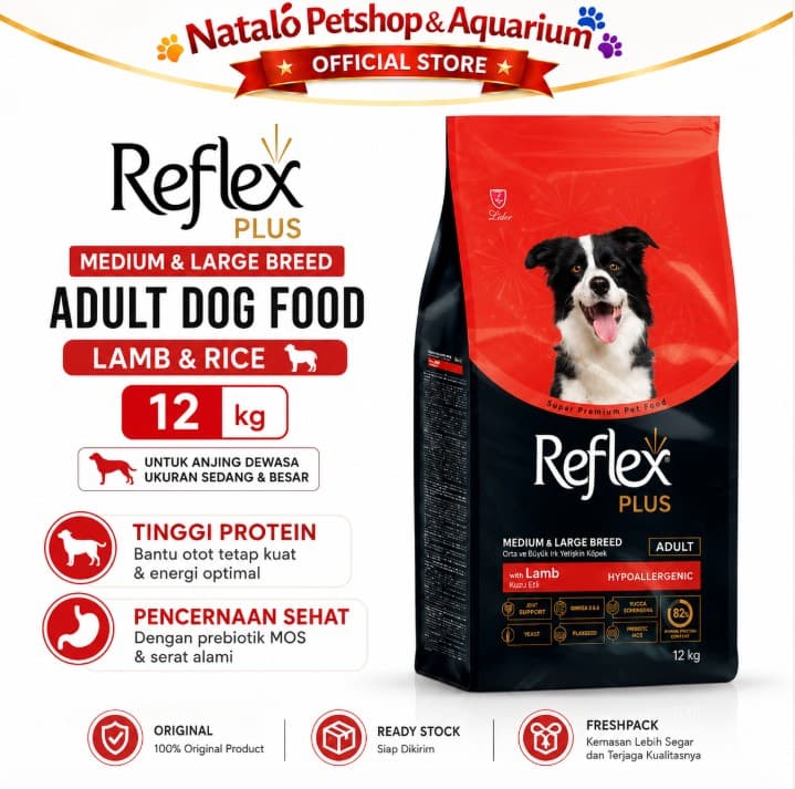 Reflex Plus Medium & Large Breed Adult Lamb & Rice 12KG - Makanan Anjing Dewasa Super Premium 12 KG - gambar 1