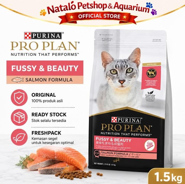 PRO PLAN Fussy & Beauty Salmon Formula Adult Cat Food 1.5 KG - Makanan Kucing Dewasa PROPLAN untuk Perawatan Kecantikan Bulu 1.5KG - gambar 1