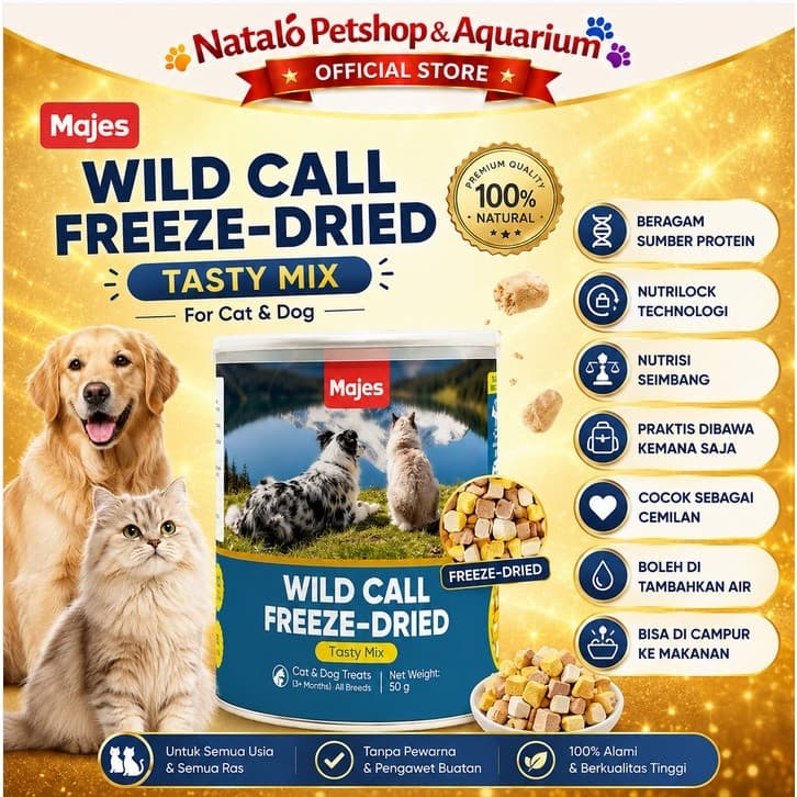Majes Wild Call Freeze Dried 50GR for Cat and Dog / Snack Cemilan Premium untuk Kucing Anjing rasa Chicken Ayam Salmon Flavor Treats Puppy Kitten Adult Treats 50 GR - Daging Kering Beku - gambar 1
