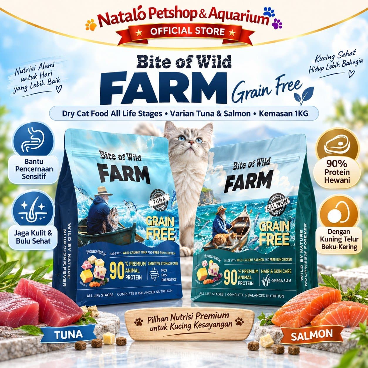 Bite of Wild Farm Tuna / Salmon Grain Free 90% Animal Protein 1KG All Life Stages Dry Cat Food - Makanan Kucing Semua Tahap Umur / Usia Tinggi Protein 1 KG - gambar 1