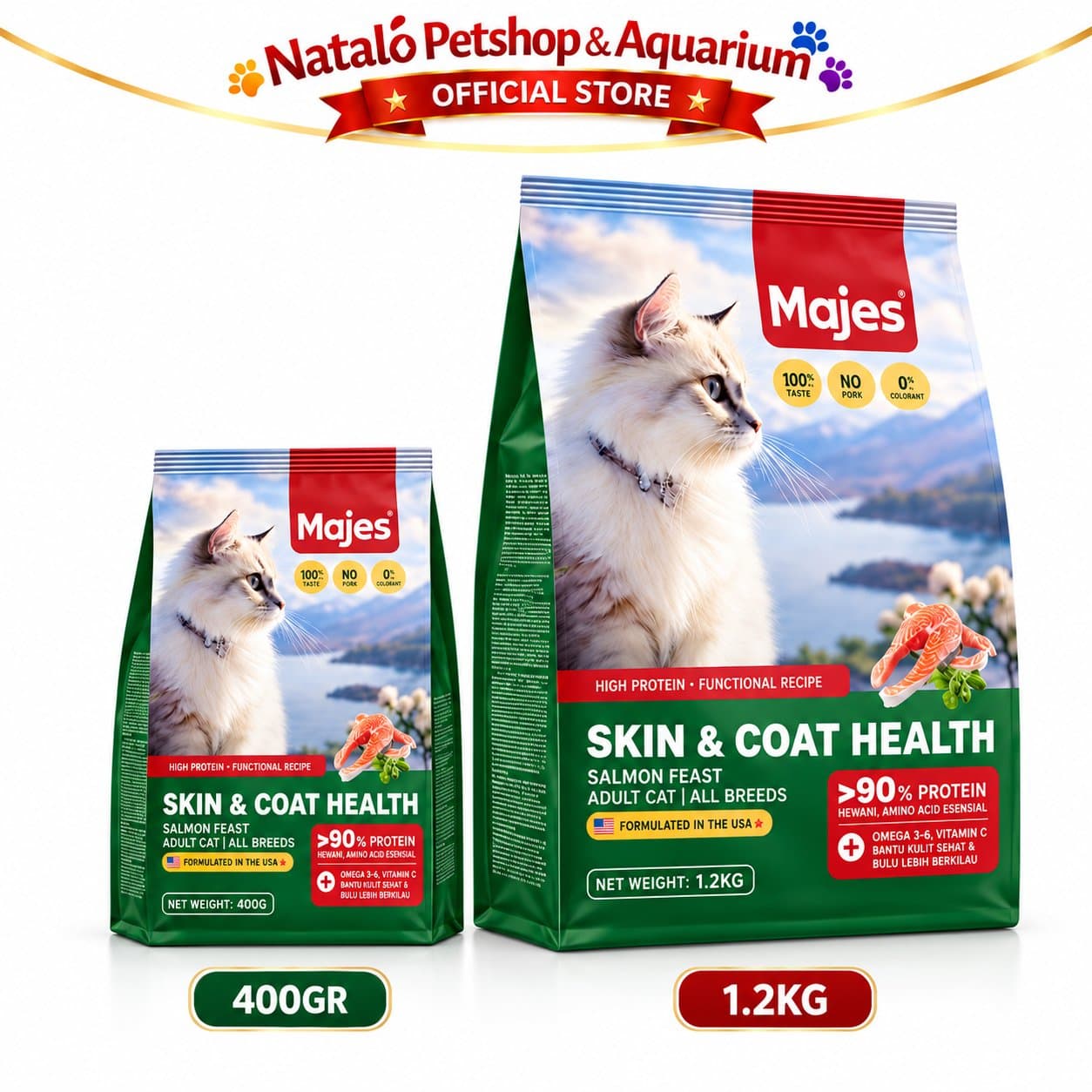 MAJES High Protein Skin & Coat Health Salmon Feast Adult Dry Cat Food 400GR / 1.2KG - Hair Skin Care - Makanan Kucing Dewasa untuk Kesehatan Bulu dan Kulit 400 GR / 1.2 KG - gambar 6