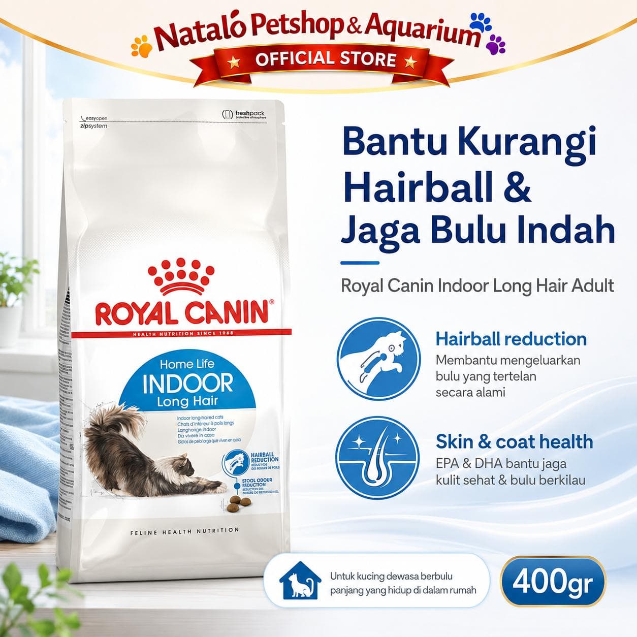 Royal Canin Home Life Indoor Long Hair 400GR Adult Cat Food Longhair - Makanan Kucing Dewasa Bulu Panjang dalam Rumah 400 GR - gambar 1
