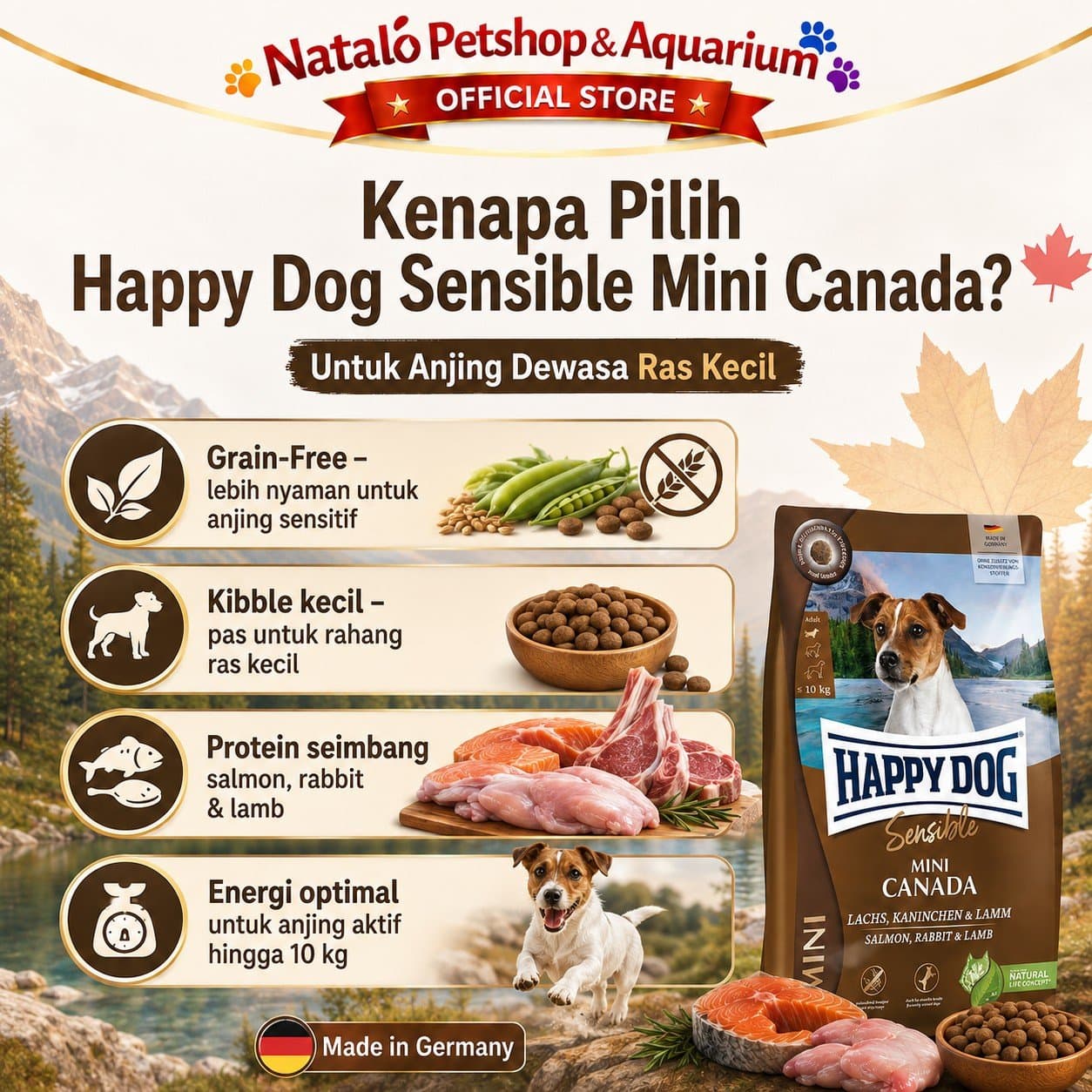 Happy Dog Sensible Mini Canada 4KG Salmon Rabbit Lamb / Grain Free - Makanan Anjing Dewasa Ras Kecil Super Premium 4 KG - gambar 2