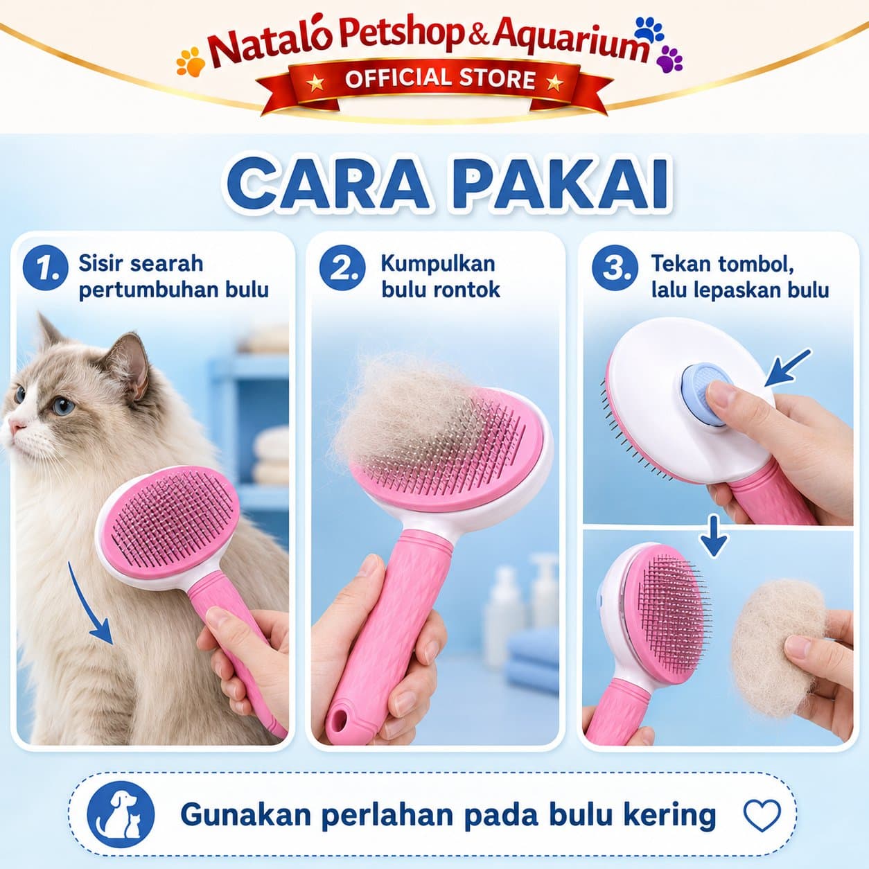Sisir Slicker Automatic Hewan Kucing Anjing Kelinci SR 52 Pet Brush Cat Dog Otomatis - gambar 4