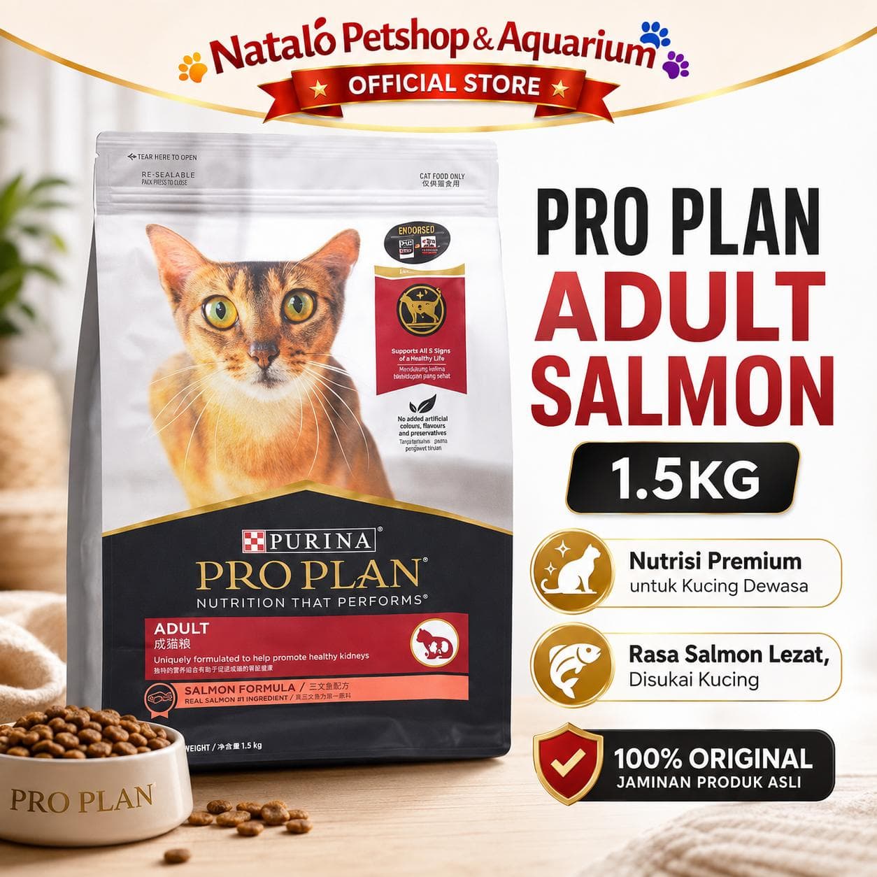 PRO PLAN Adult Salmon 1.5 KG - Makanan Kucing Dewasa PROPLAN Premium 1.5KG - gambar 1