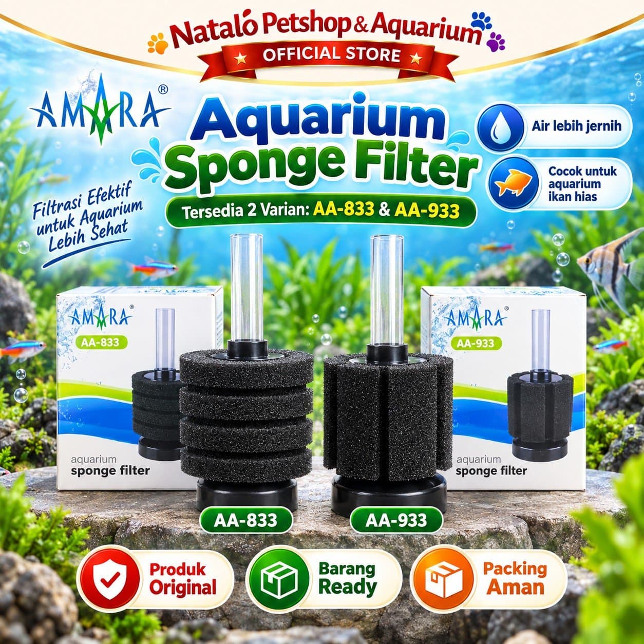 AMARA Aquarium Sponge Filter AA-833 / AA-933 - Biofoam Mini AA 833 933 Filter Aerator Aerasi Aquarium - gambar 1
