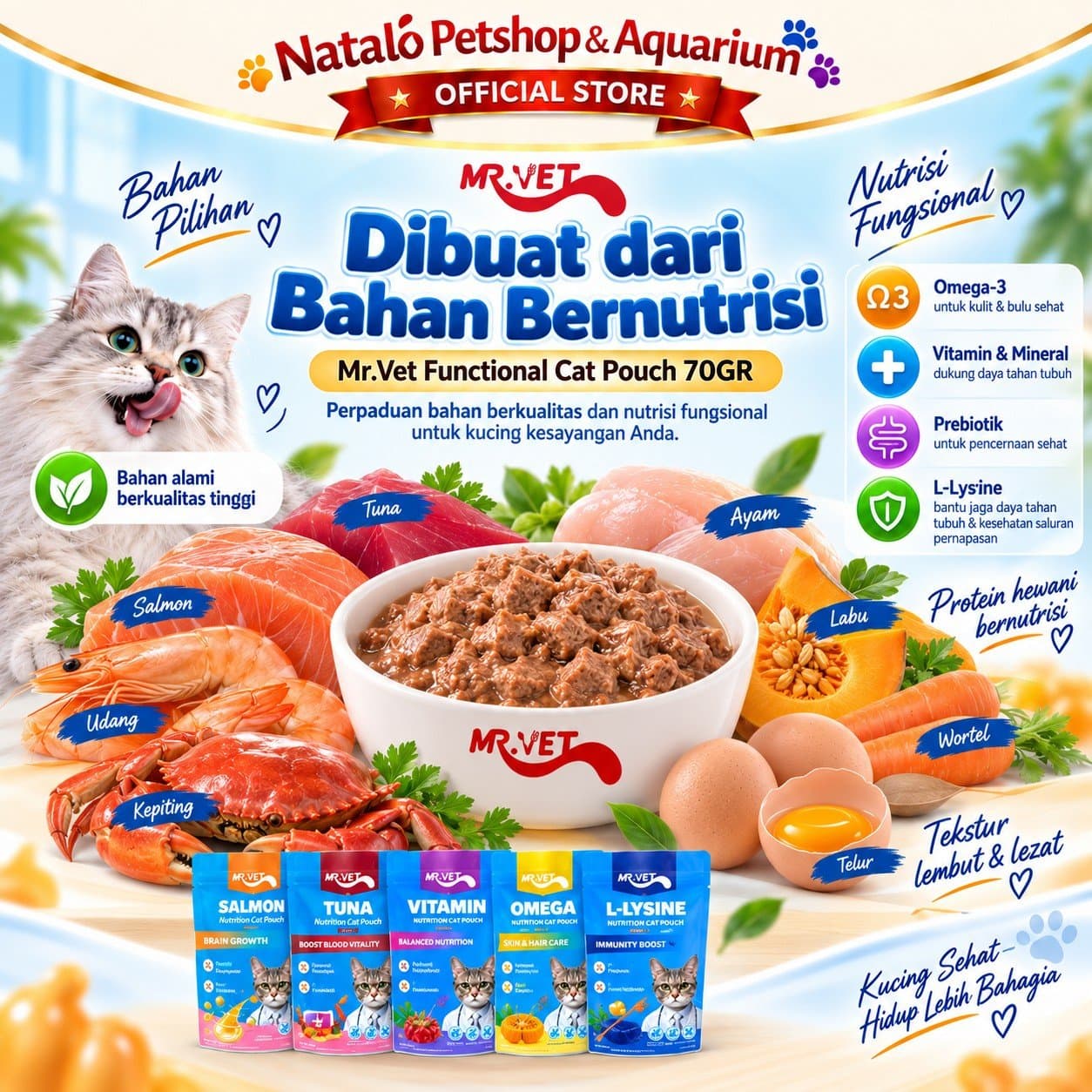 Mr. Vet Nutrition Cat Pouch All Life Stages Functional 70GR - Makanan Basah Saset Kucing Mr.Vet Semua Tahap Usia Fungsional Kesehatan 70 GR - gambar 4
