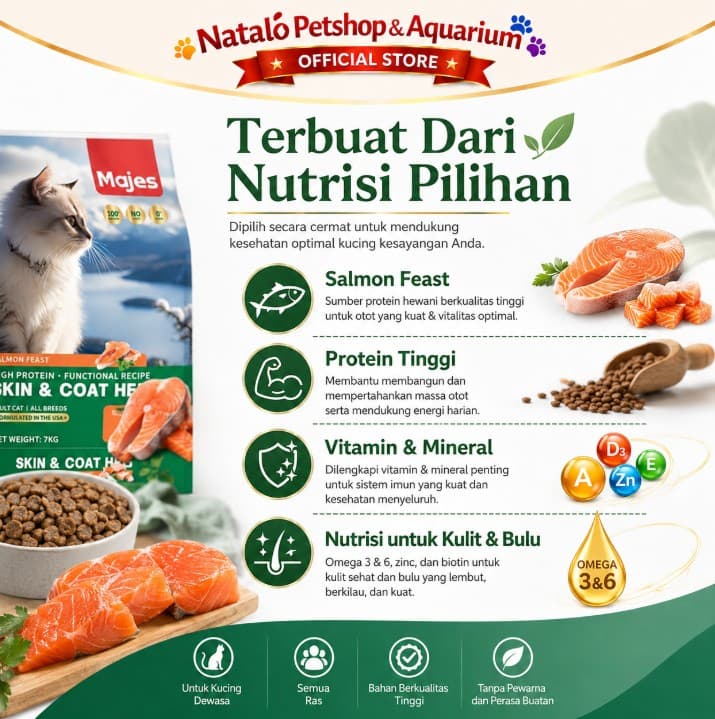 Majes High Protein Hair & Skin Care 7kg - Premium Adult Dry Cat Food Makanan Kering Kucing untuk Kesehatan bulu lebat dan kulit 7 kg Dewasa Functional Recipe - gambar 4