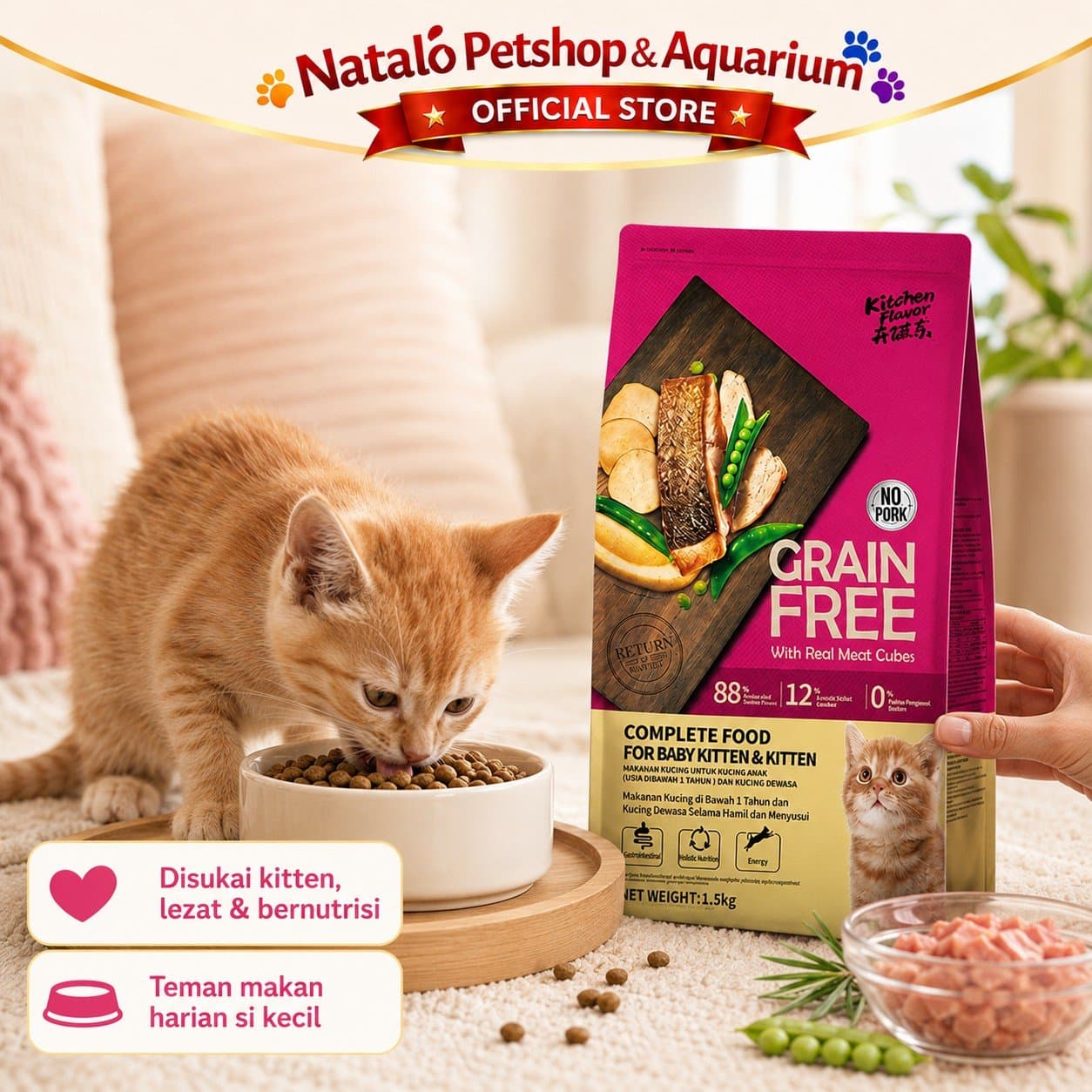 Kitchen Flavor Grain Free Complete Food for Baby Cat & Kitten Cat Food 1.5KG No Pork - Makanan Bayi dan Anak Kucing 1.5 KG Bebas Babi - gambar 5