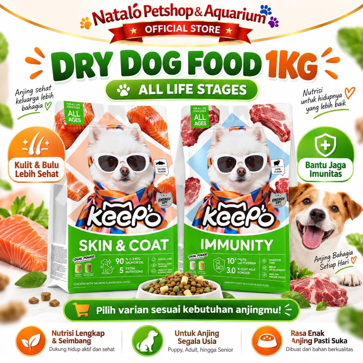Keepo K3 Skin & Coat / K4 Immunity 1KG All Life Stages Dry Dog Food - Makanan Anjing Semua Tahap Usia / Umur untuk Kesehatan Bulu dan Kulit / Jaga Imunitas 1 KG Salmon Lamb - gambar 1