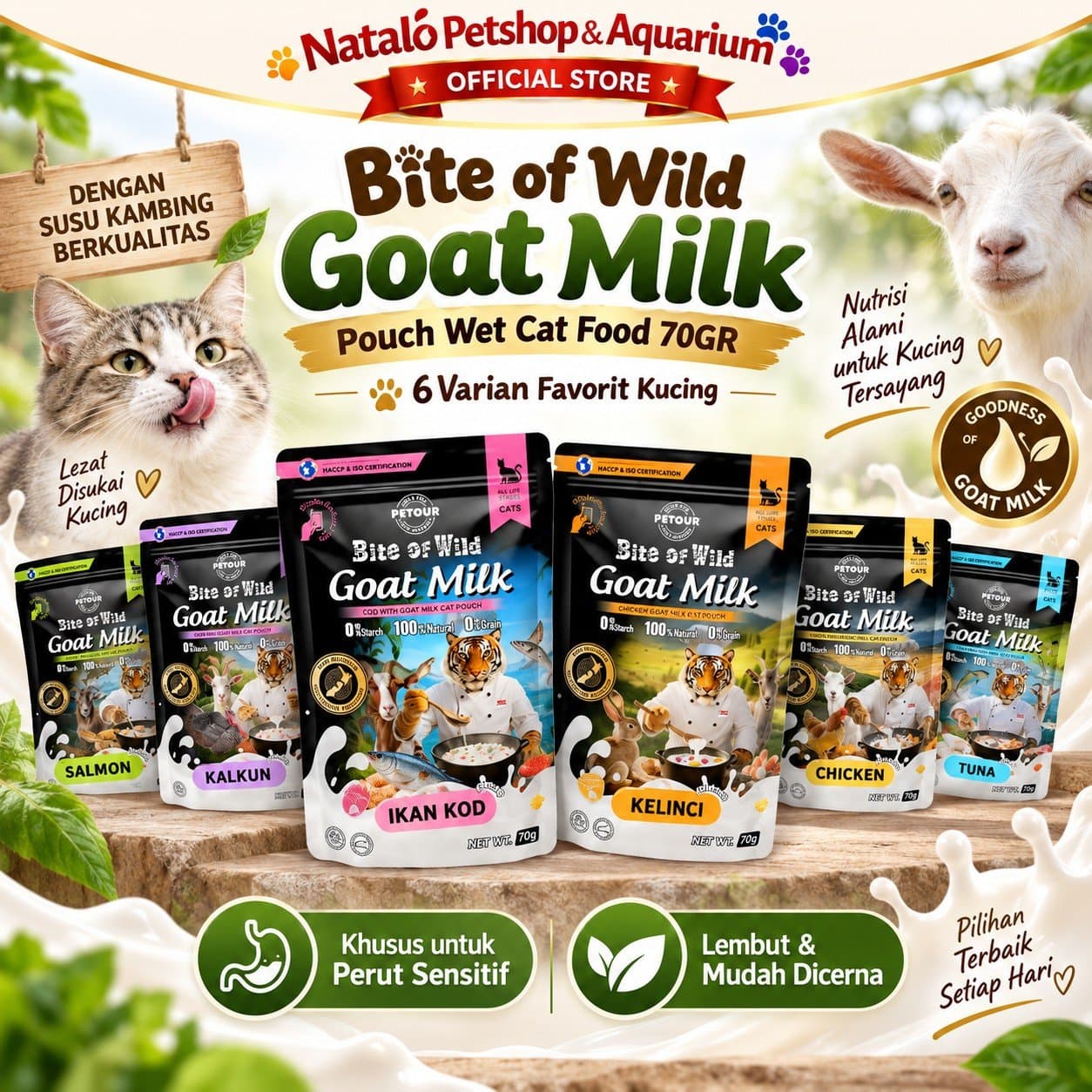 Bite of Wild Goat Milk Pouch Wet Cat Food 70GR All Life Stages  - Makanan Basah Saset Kucing  Semua Tahap Umur / Usia 70 GR - gambar 1