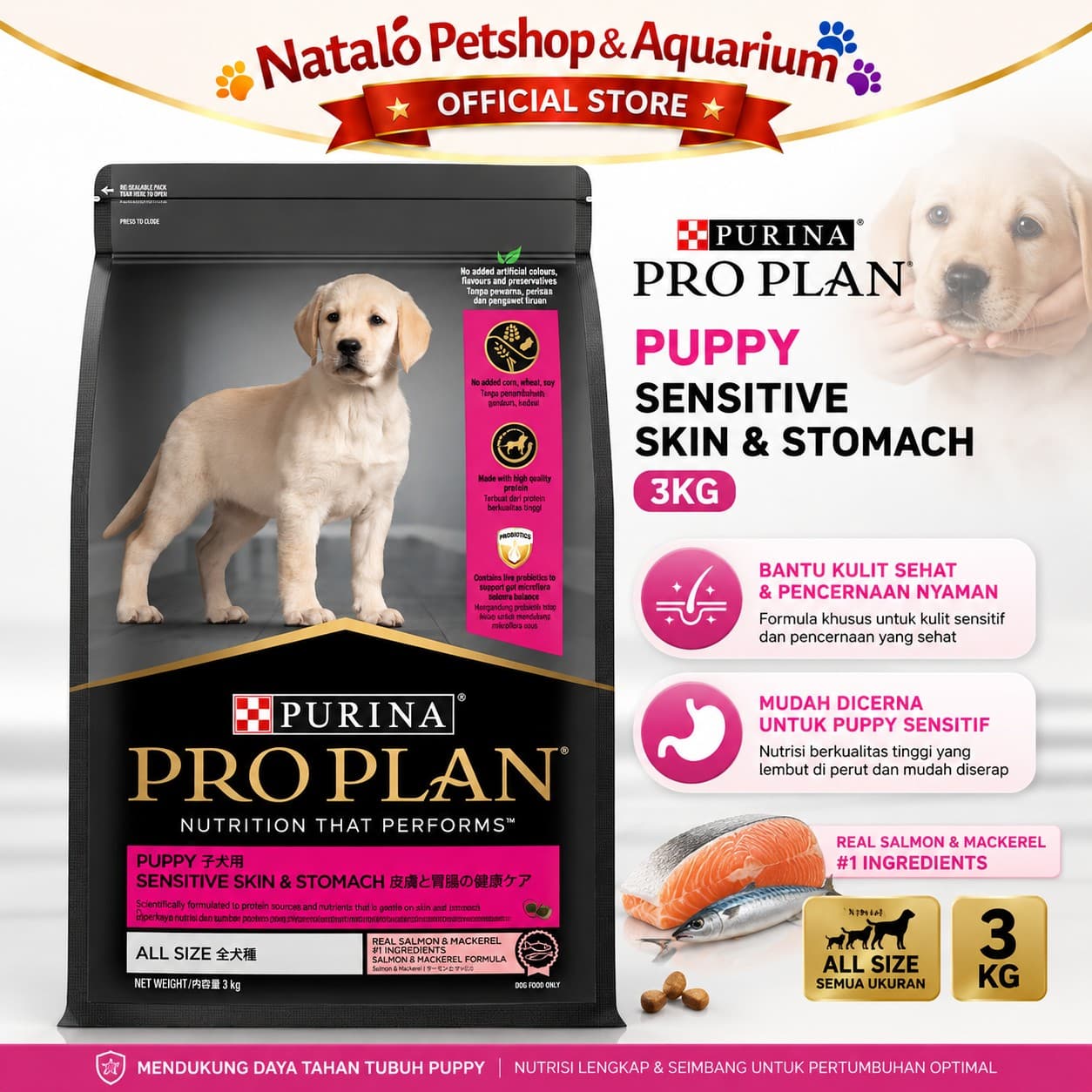 Pro Plan Dog Puppy Sensitive Skin Stomach 3KG Salmon Mackerel All Size ProPlan Makanan Anak Anjing Dry Food - gambar 1