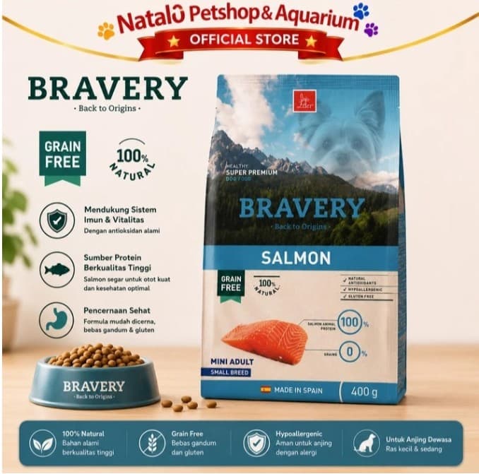 Bravery Mini Adult Salmon 400GR Dry Dog Food Makanan Kering Anjing Dewasa Super Premium - gambar 1