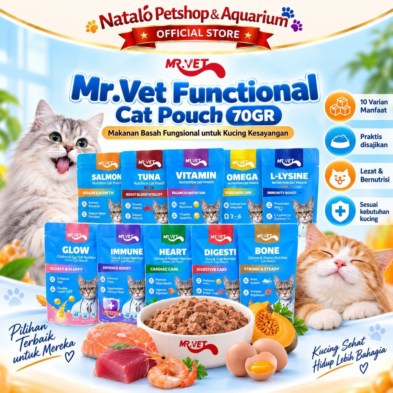 Mr. Vet Nutrition Cat Pouch All Life Stages Functional 70GR - Makanan Basah Saset Kucing Mr.Vet Semua Tahap Usia Fungsional Kesehatan 70 GR - gambar 1