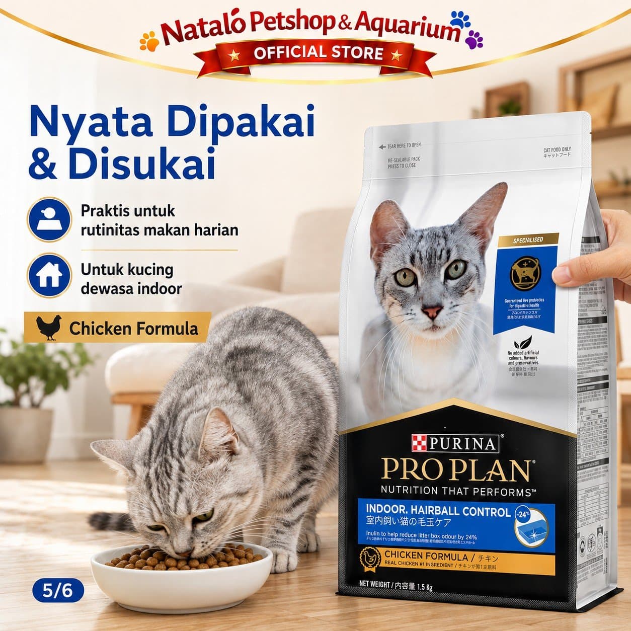 Pro Plan Indoor Indoor Hairball Control 1.5KG Adult Cat Food - Makanan Kucing Dewasa dalam Rumah PROPLAN / Mengurangi Bau Feses 1.5 KG - gambar 5