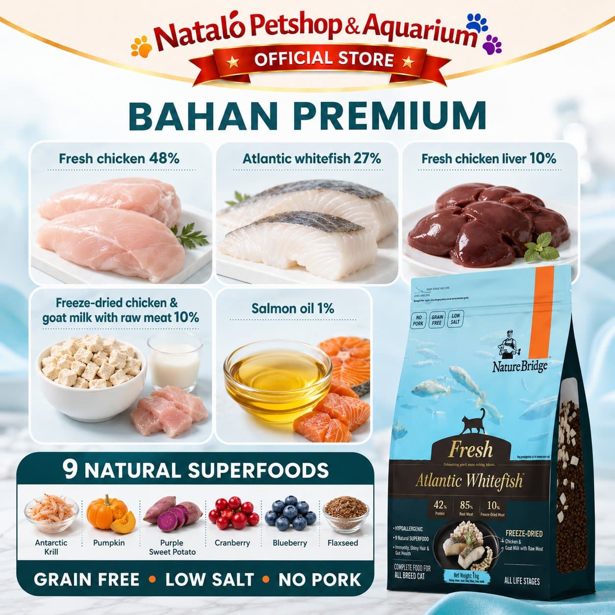 Nature Bridge Fresh Atlantic Whitefish with Freeze Dried 1KG All Life Stages Cat Food  No Pork - Makanan Kucing Semua Umur Super Premium 1 KG Bebas Babi - gambar 4