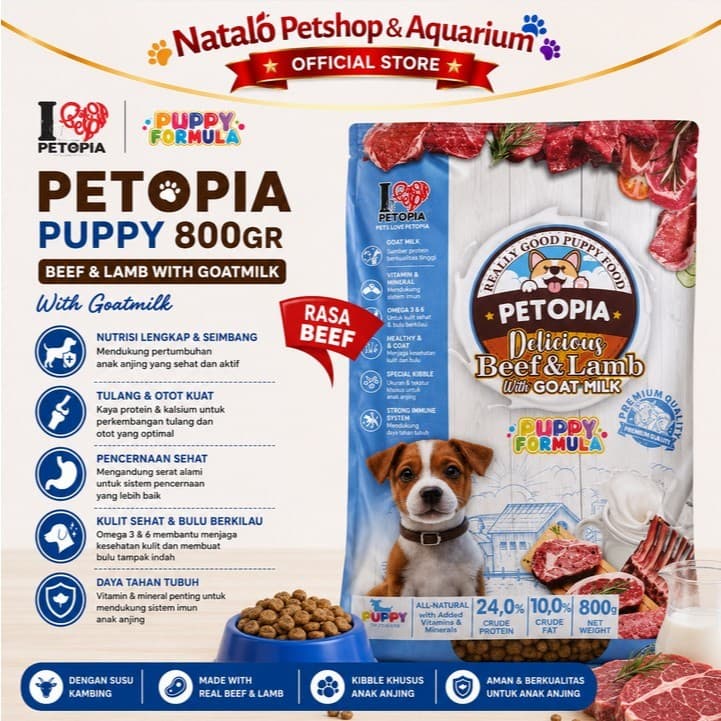 Petopia Puppy 800GR Beef & Lamb with Goat Milk Dry Dog Food for Puppies - Makanan Anak Anjing dengan Susu Kambing 800 GR - gambar 1