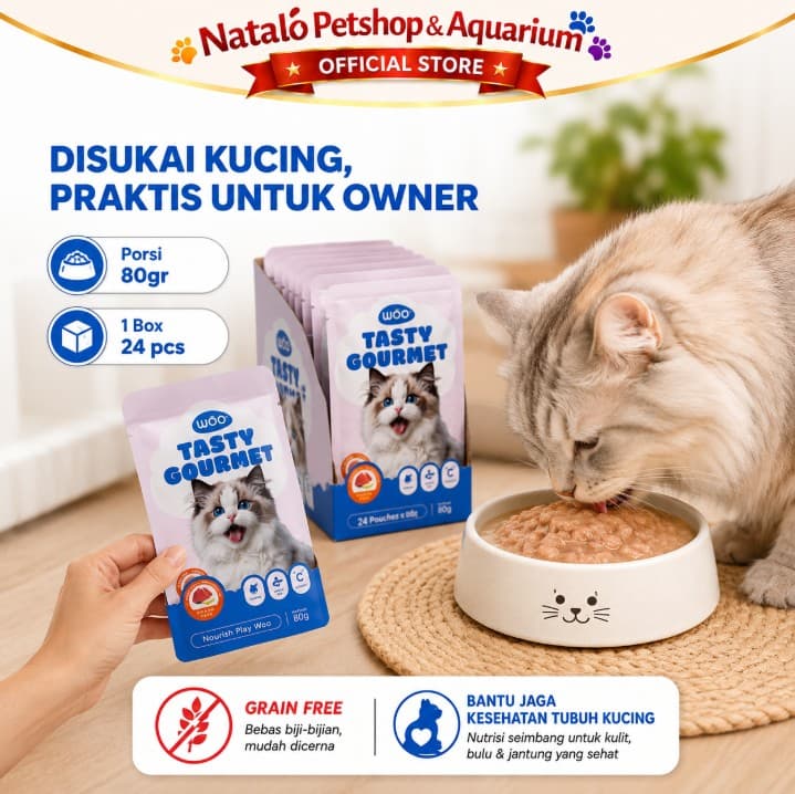 Woo Tasty Gourmet Cat Pouch per BOX isi 24 pcs x 80GR  Makanan Basah Kucing Rasa Salmon / Tuna / Mackerel 80 GR Wet Food Saset Sachet Daging Majes - gambar 5