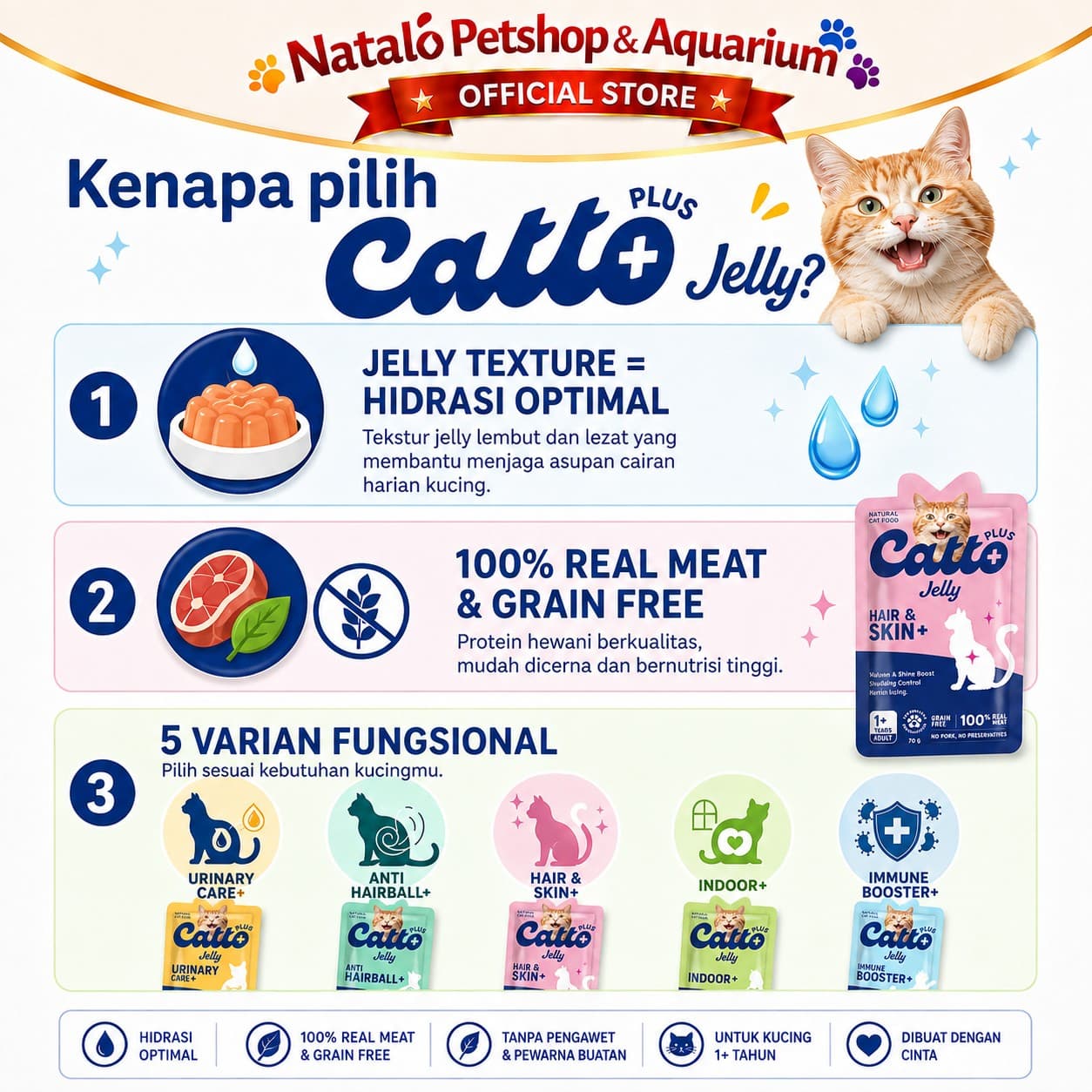 Catto Plus Jelly Anti Hairball / Hair & Skin / Indoor / Immune Booster / Urinary Adult Pouch Wet Food 70GR - Makanan Basah Saset Kucing Dewasa 70 GR - gambar 2