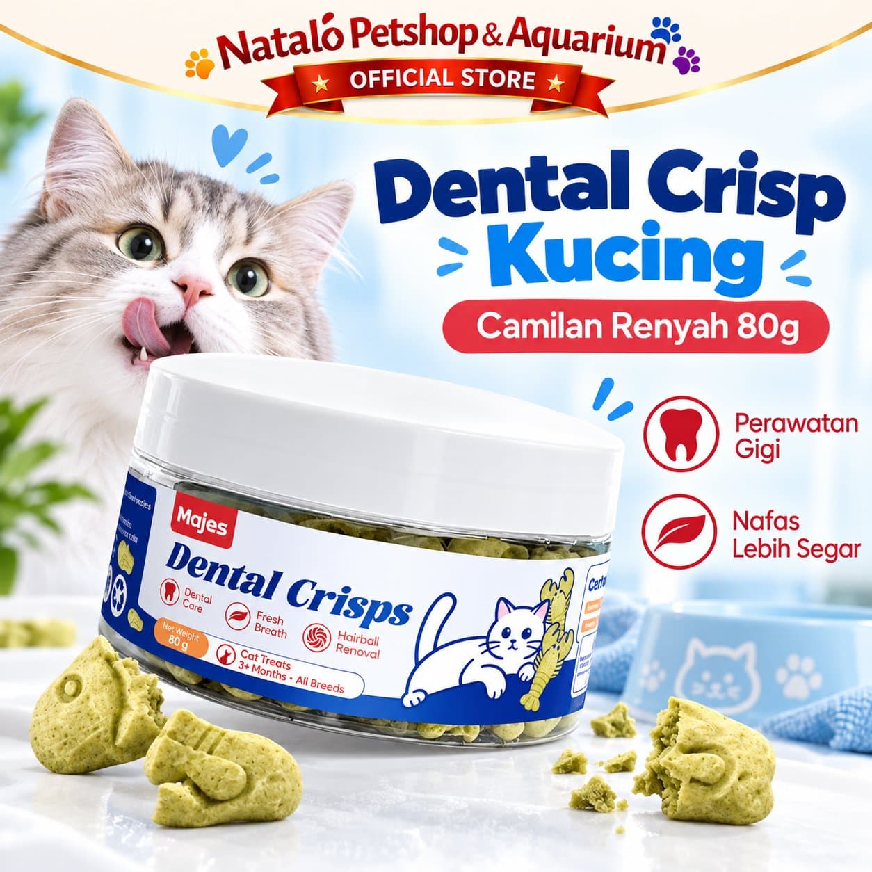 Majes Dental Crisps 80GR / Snack Biskuit untuk Kucing Kesehatan Gigi Cemilan Treats / Dental Biscuit for Cat Sehat / All Life Stages Kitten and Adult & Treat anti Hairball Mencegah Bau Mulut / Anak Dewasa