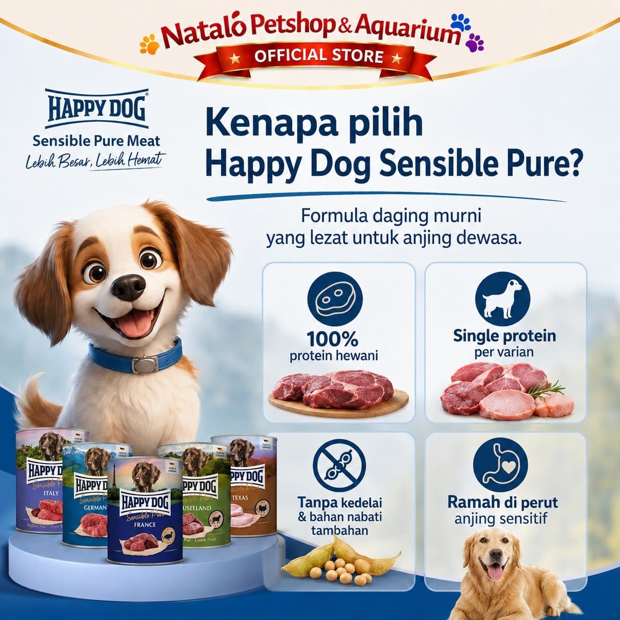 Happy Dog Sensible Pure Canned Adult Dog Wet Food 400GR - Makanan Basah Anjing Dewasa 400 GR - Germany / Neuseeland / Texas / France / Italy - Beef / Lamb / Turkey / Duck / Buffalo - gambar 2