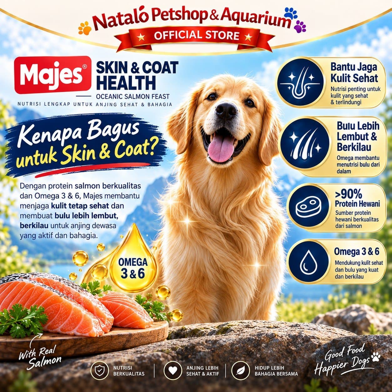 MAJES High Protein Skin & Coat Health Oceanic Salmon Feast Adult Dry Dog Food 500GR / 1.5KG All Breeds - Hair Skin Care - Makanan Kucing Dewasa untuk Kesehatan Bulu dan Kulit 500 GR / 1.5 KG - gambar 2
