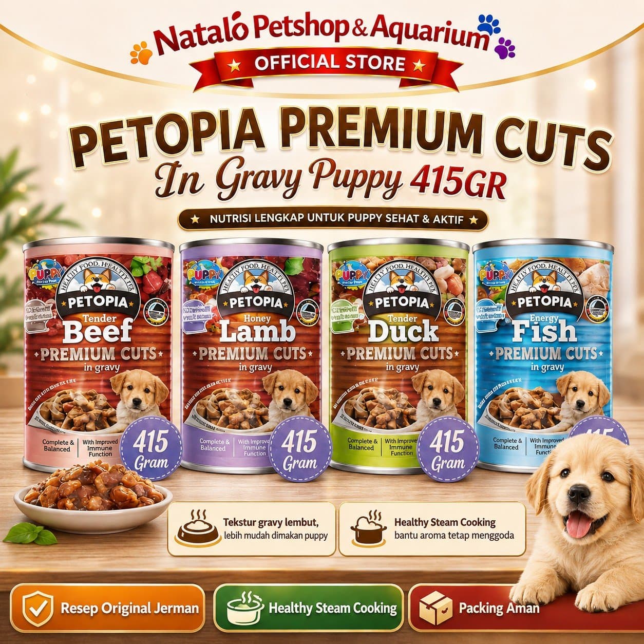 Petopia Premium Cuts in Gravy Puppy 415GR Dog Wet Food - Makanan Basah Kaleng Anjing 415 GR Premium - gambar 1