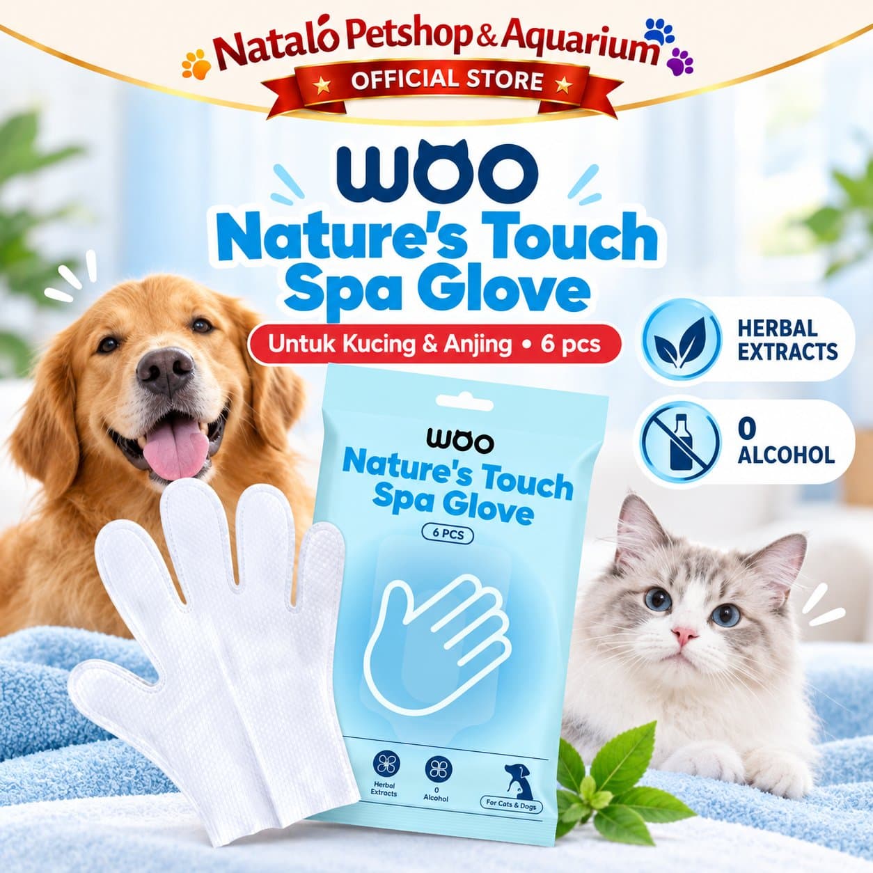Woo Nature's Touch Spa Glove isi 6 PCS - Sarung Tangan Grooming Kucing Anjing